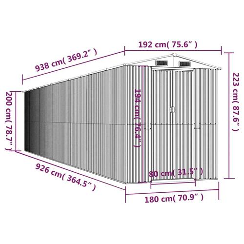 Haveskur 192x938x223 cm galvaniseret stål grøn