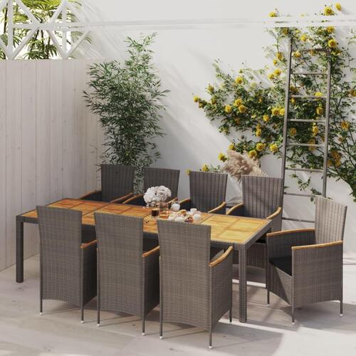 Udendørs spisebordssæt 9 dele med hynder polyrattan grå