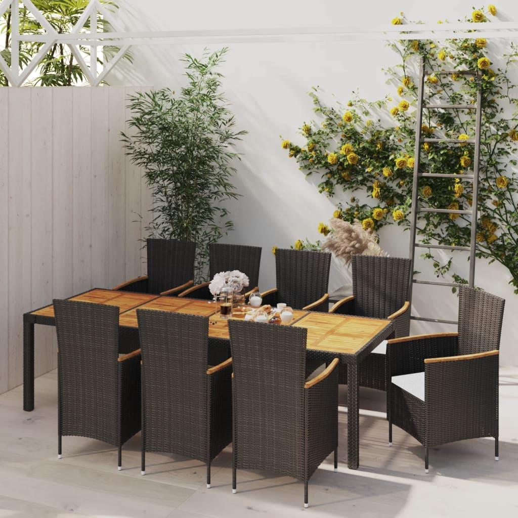 Udendørs spisebordssæt 9 dele med hynder polyrattan sort