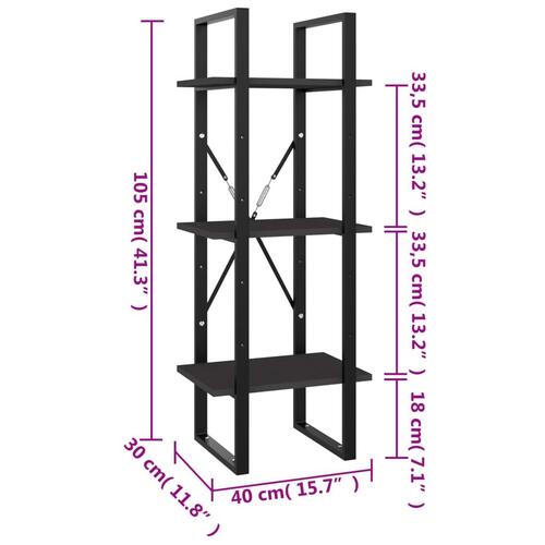 Bogreol med 3 hylder 40x30x105 cm konstrueret træ grå