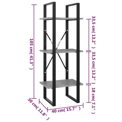 Bogreol med 3 hylder 40x30x105 cm konstrueret træ betongrå