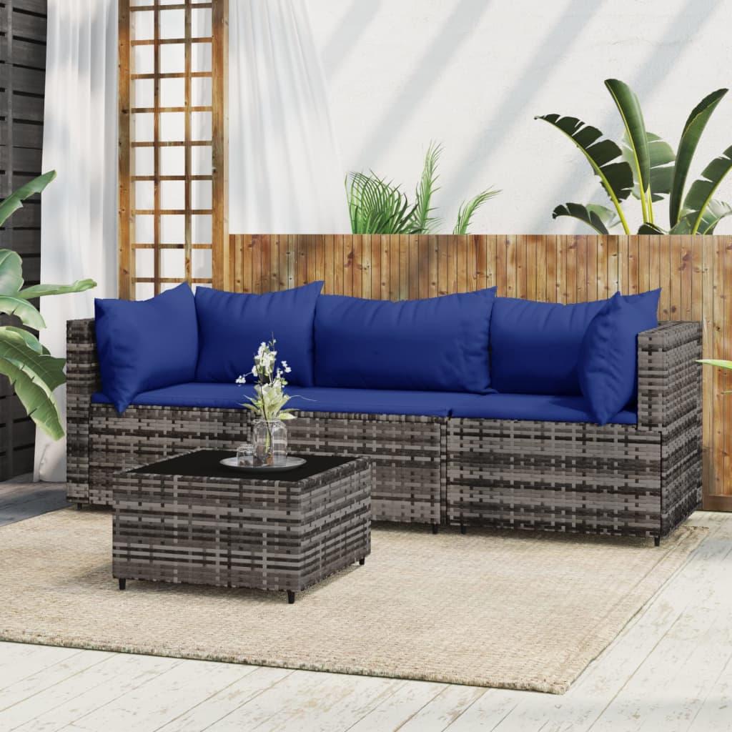 Loungesæt til haven 4 dele med hynder polyrattan grå