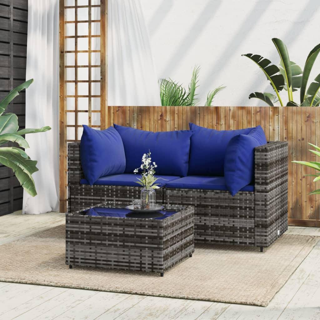 Loungesæt til haven 3 dele med hynder polyrattan grå