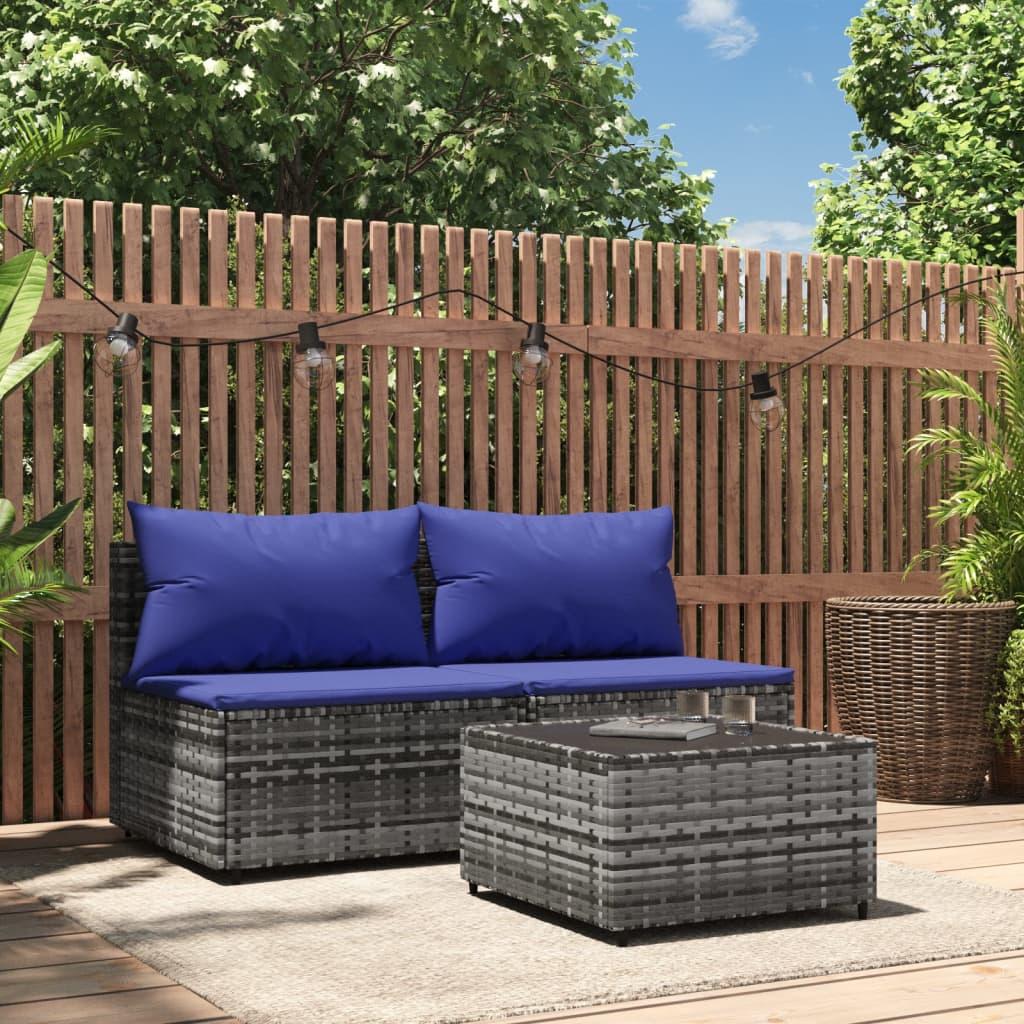 Loungesæt til haven 3 dele med hynder polyrattan grå