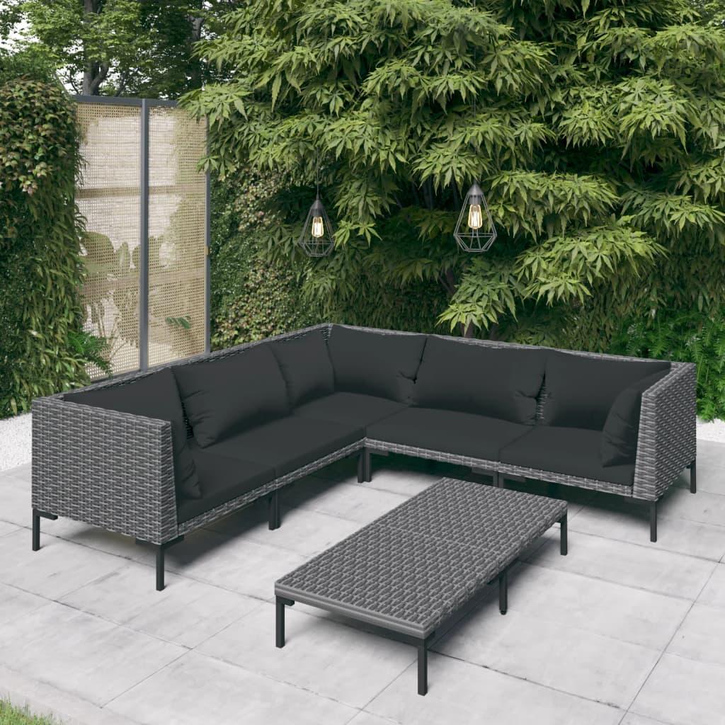 Loungesæt til haven 6 dele med hynder polyrattan mørkegrå billede