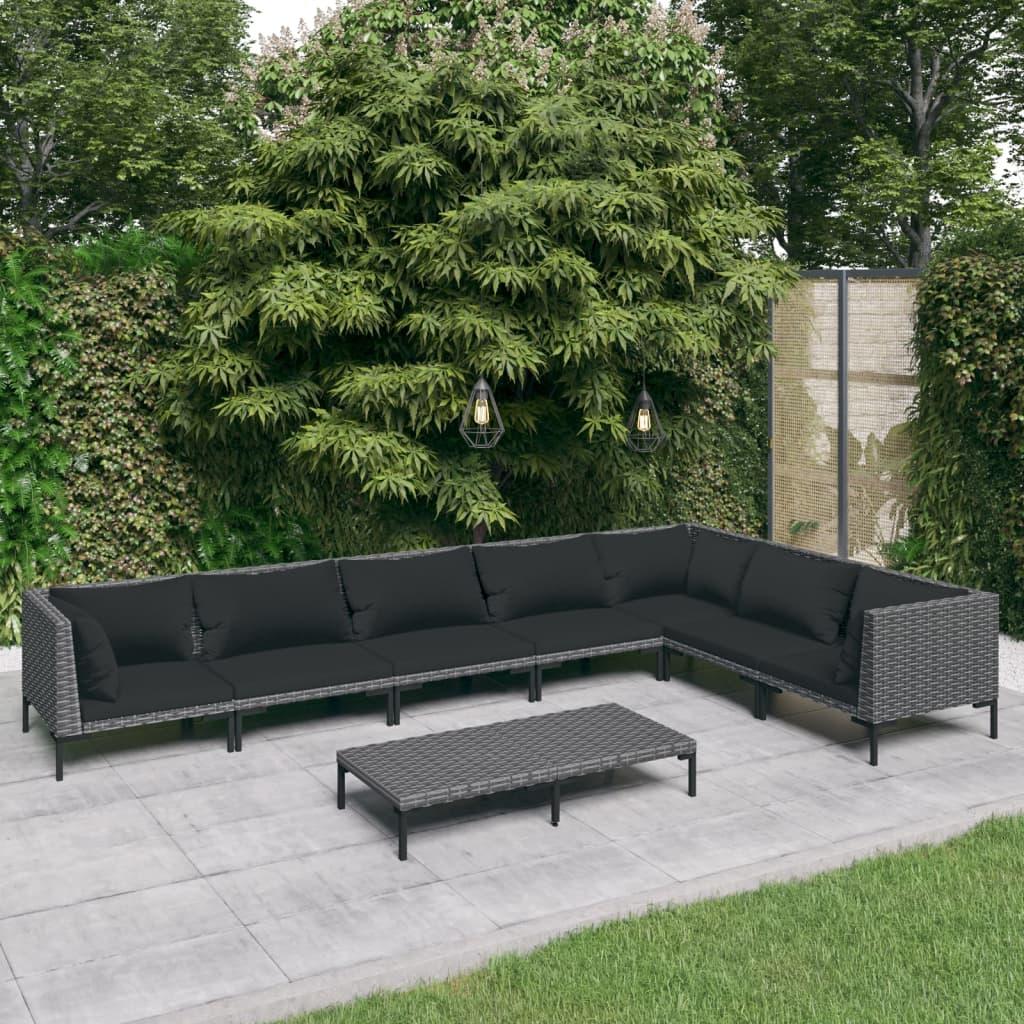 Loungesæt til haven 8 dele med hynder polyrattan mørkegrå billede