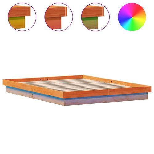 Sengeramme med LED-lys 150x200 cm massivt fyrretræ gyldenbrun