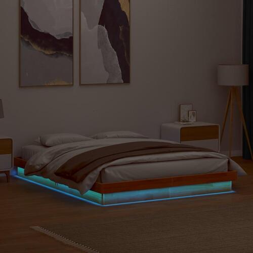 Sengeramme med LED-lys 150x200 cm massivt fyrretræ gyldenbrun