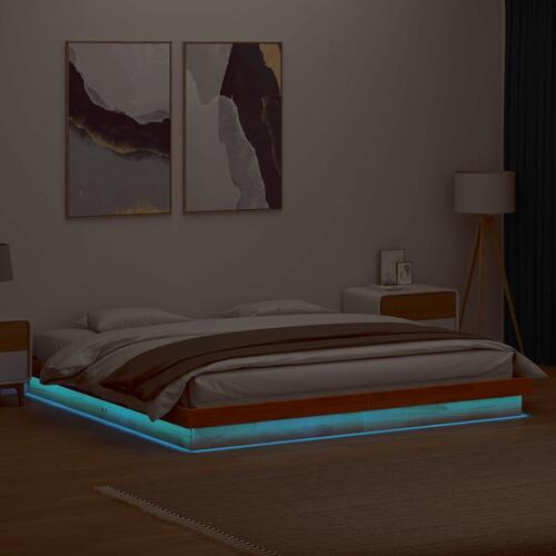 Sengeramme med LED-lys 180x200 cm massivt fyrretræ gyldenbrun