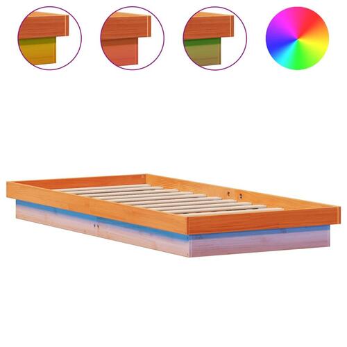 Sengeramme med LED-lys 90x190 cm massivt fyrretræ gyldenbrun