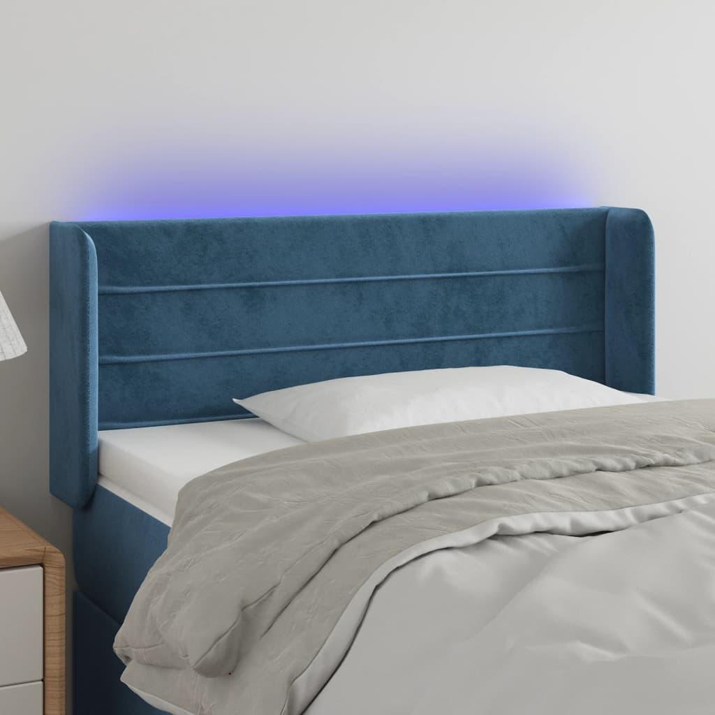 Sengegavl med LED-lys 83x16x78/88 cm stof Mørkeblå billede