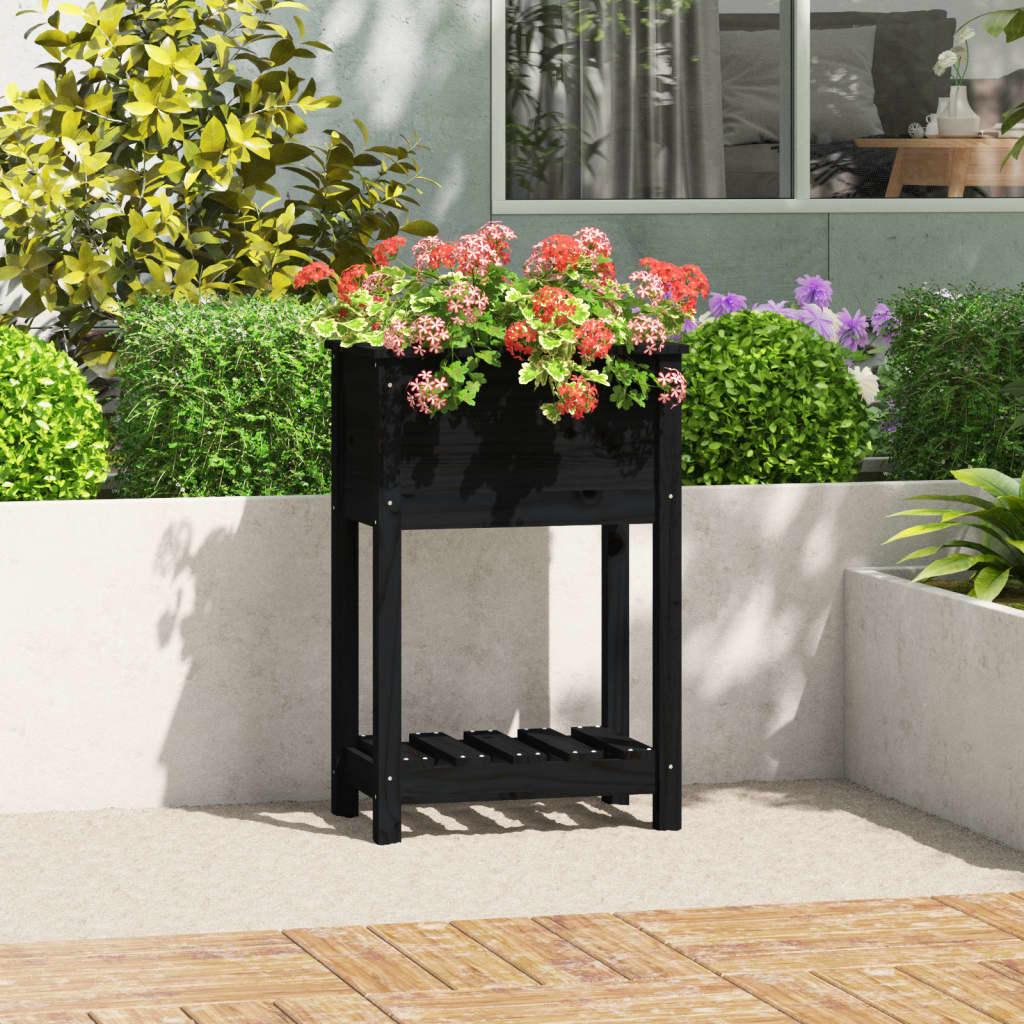 Plantekasse med hylde 54x34,5x81 cm massivt fyrretræ sort