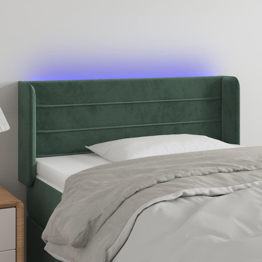 Sengegavl med LED-lys 93x16x78/88 cm fløjl Mørkegrøn billede