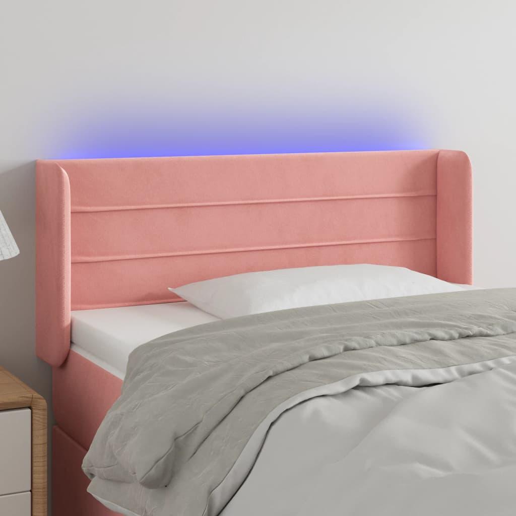 Sengegavl med LED-lys 93x16x78/88 cm fløjl lyserød billede