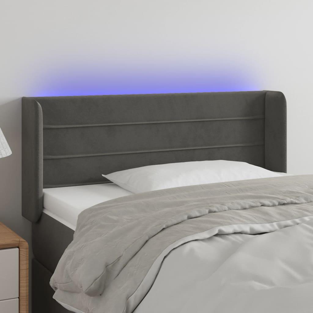 Sengegavl med LED-lys 103x16x78/88 cm fløjl mørkegrå billede