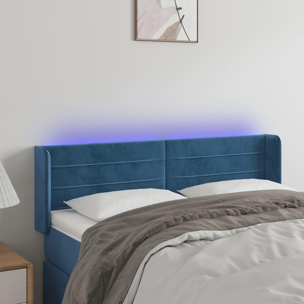 Sengegavl med LED-lys 147×16×78/88 cm - fløjl, mørkeblå billede