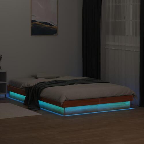 Sengeramme med LED-lys 120x200 cm massivt fyrretræ gyldenbrun