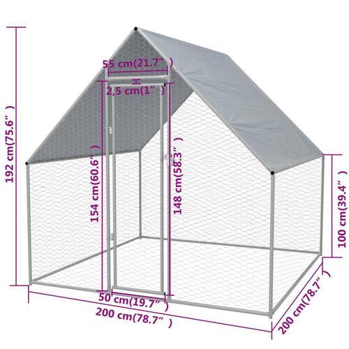 Udendørs hønsebur galvaniseret stål 2 x 2 x 1,92 m
