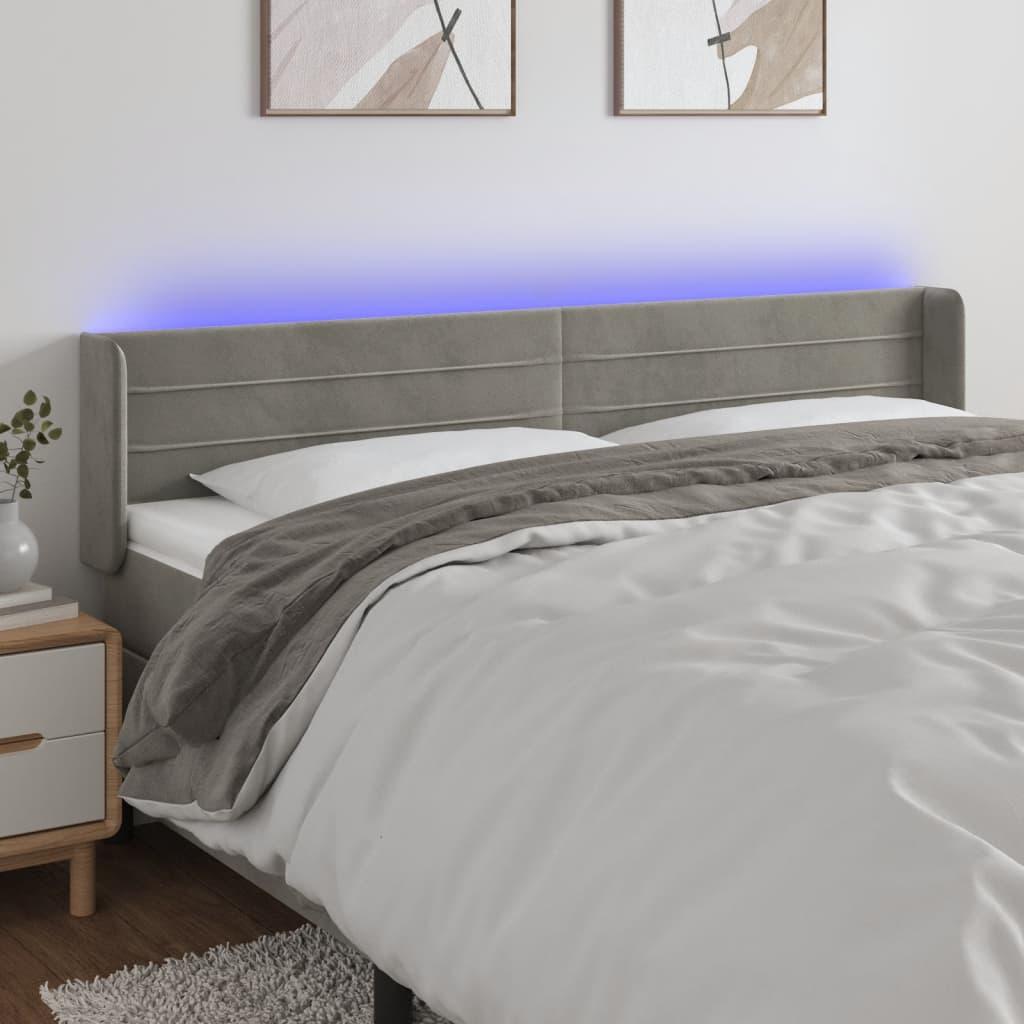 Sengegavl med LED-lys 203x16x78/88 cm - fløjl, lysegrå billede