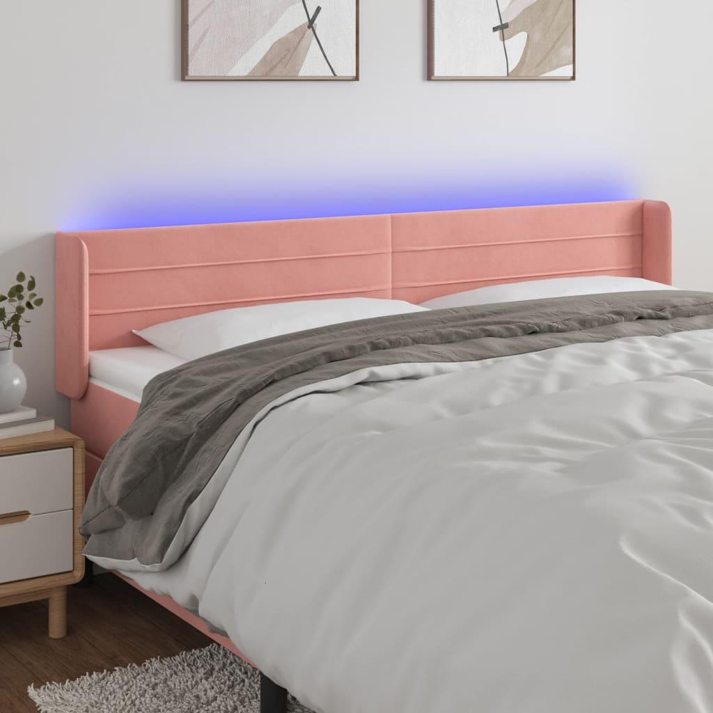 Sengegavl med LED-lys 203x16x78/88 cm - fløjl, lyserød billede