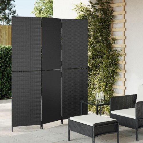Rumdeler med 3 paneler i polyrattan - sort, foldbar skærm 147 × 180 cm