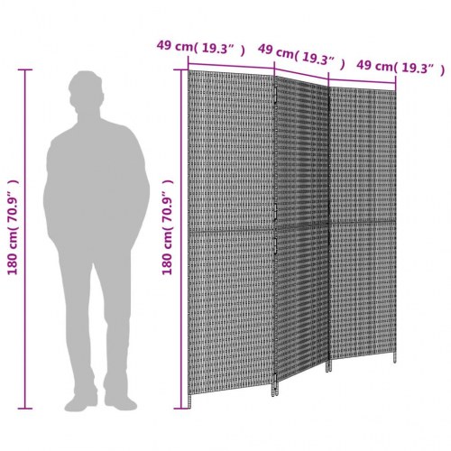 Rumdeler med 3 paneler i polyrattan - sort, foldbar skærm 147 × 180 cm
