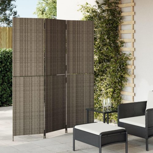 Rumdeler med 3 paneler i polyrattan - grå, foldbar privatlivsskærm