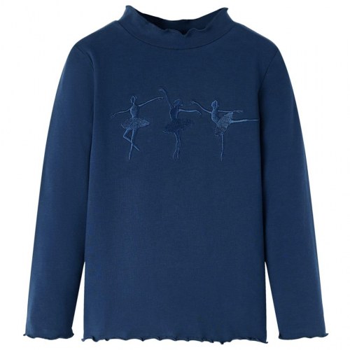 Langærmet T-shirt til børn - str. 128, marineblå med ballerina