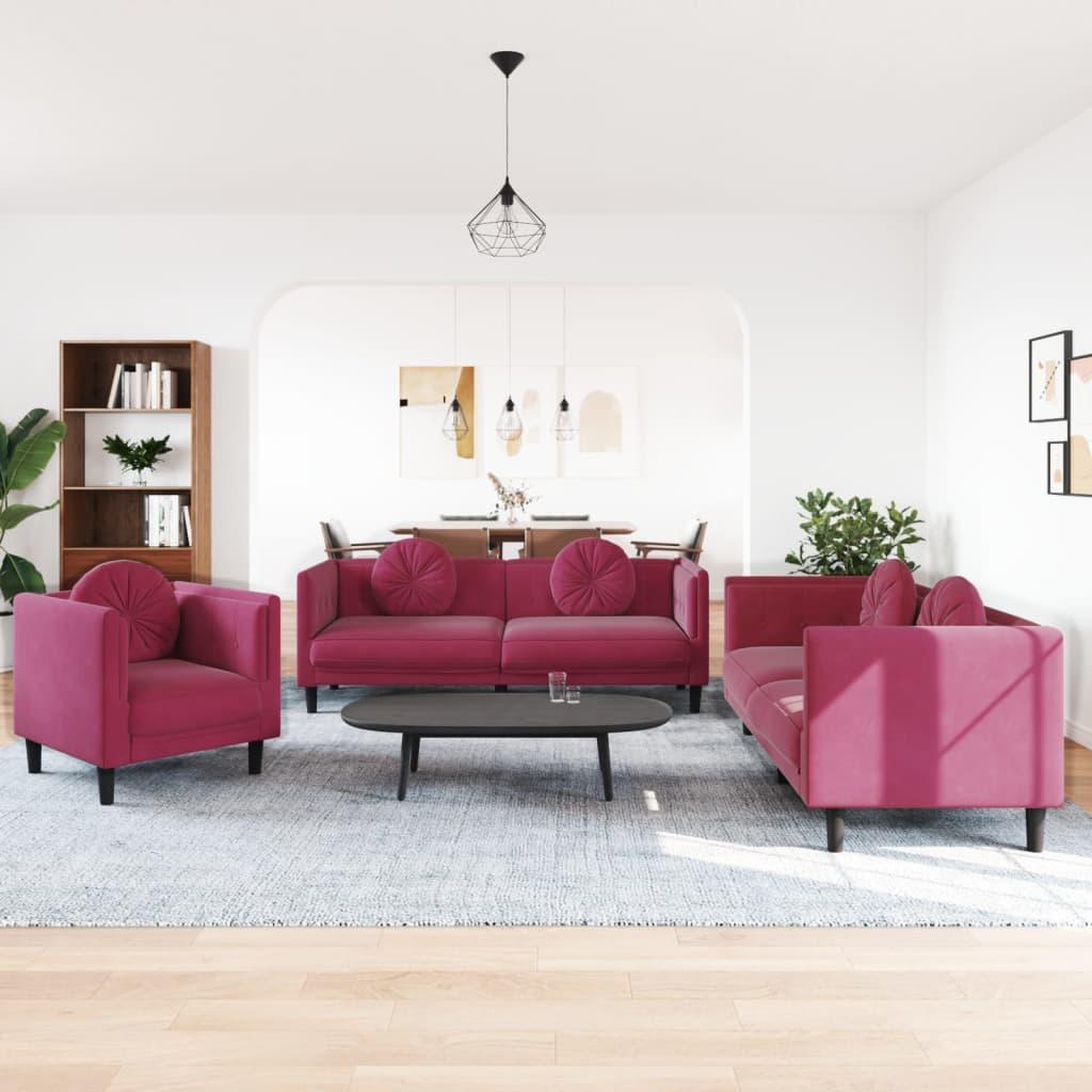 3 personers sofa med puder velour vinrød