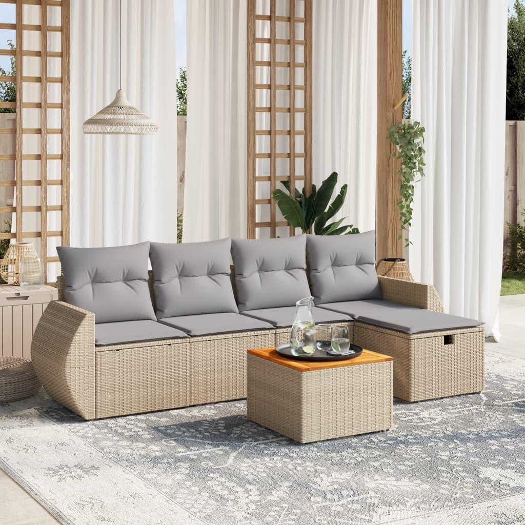 Havesofasæt 6 dele med hynder polyrattan beige