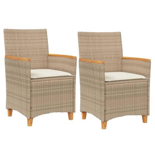 Havestole 2 stk. med hynder polyrattan og massivt træ beige
