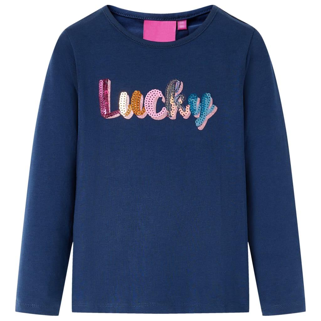 Langærmet T-shirt til børn str. 104 - marineblå med “Lucky”-pailletter billede