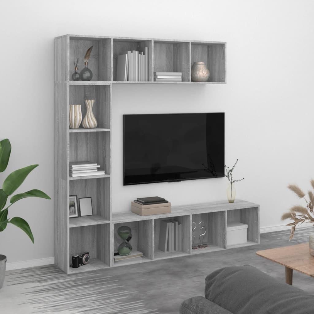Bogreol/tv-skabe 3 dele 180x30x180 cm grå sonoma-eg