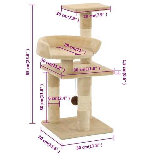 Kradsetræ med sisal-kradsestolper til katte 65 cm beige