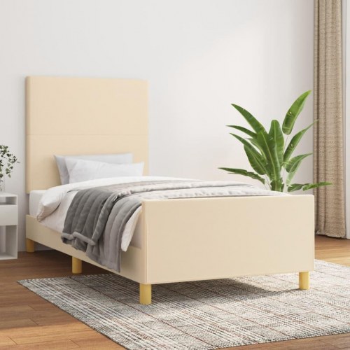 Sengeramme 90x200 cm i stof - cremefarvet med justerbar sengegavl