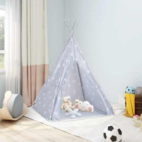 Tipi legetelt til børn 115×115×160 cm med bærepose - grå polyester med stjerner