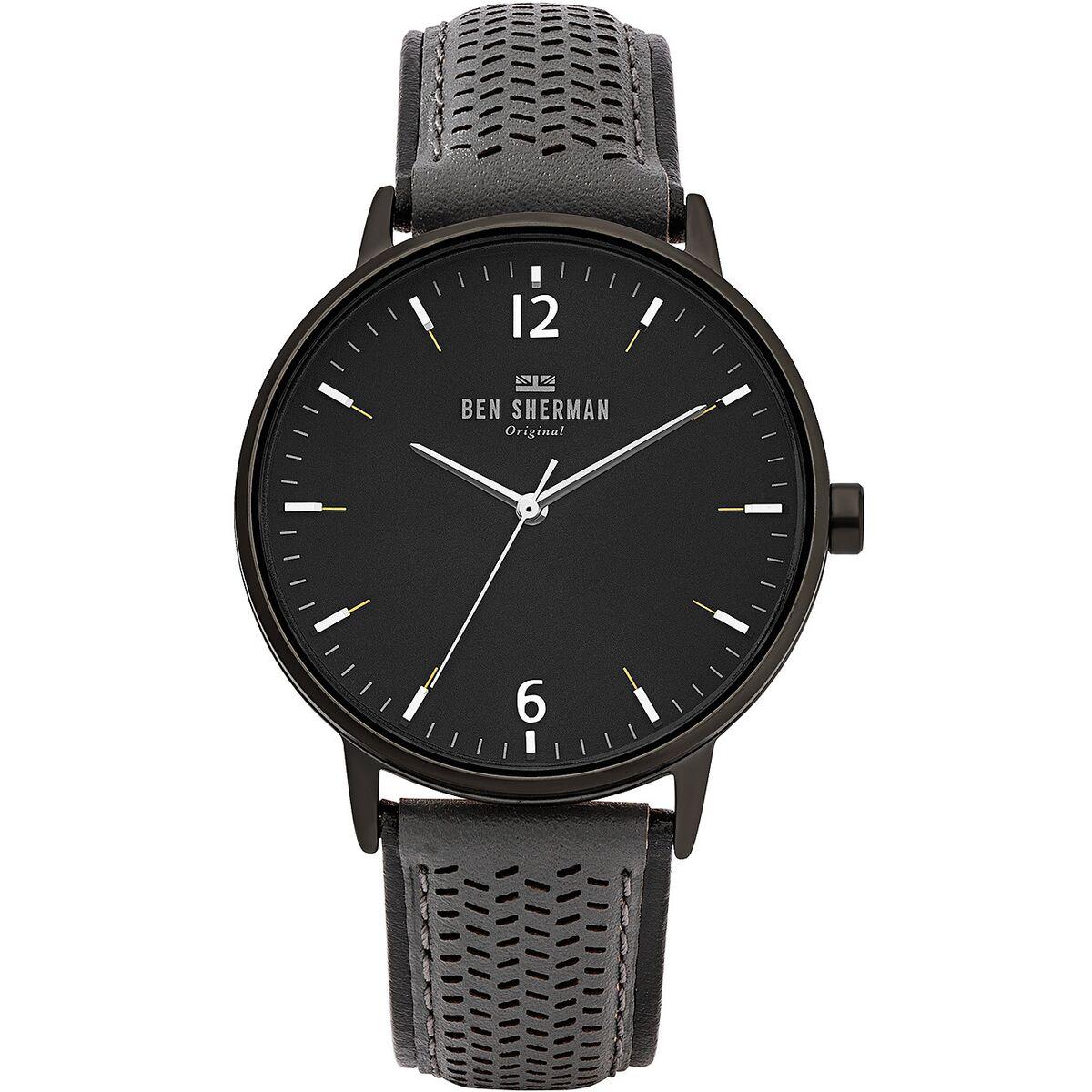 Ben Sherman herreur - sort skive, læderrem (Ø 43 mm)