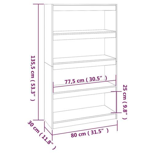 Bogreol/rumdeler 80x30x135,5 cm massivt fyrretræ