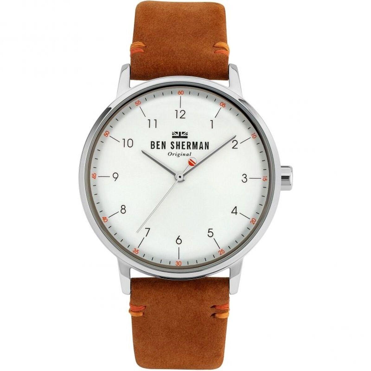 Ben Sherman herreur WB043T - hvid skive, brun læderrem (Ø 43 mm)