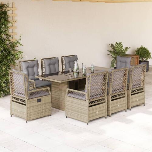 Spisebordssæt til haven 9 dele med hynder polyrattan beige