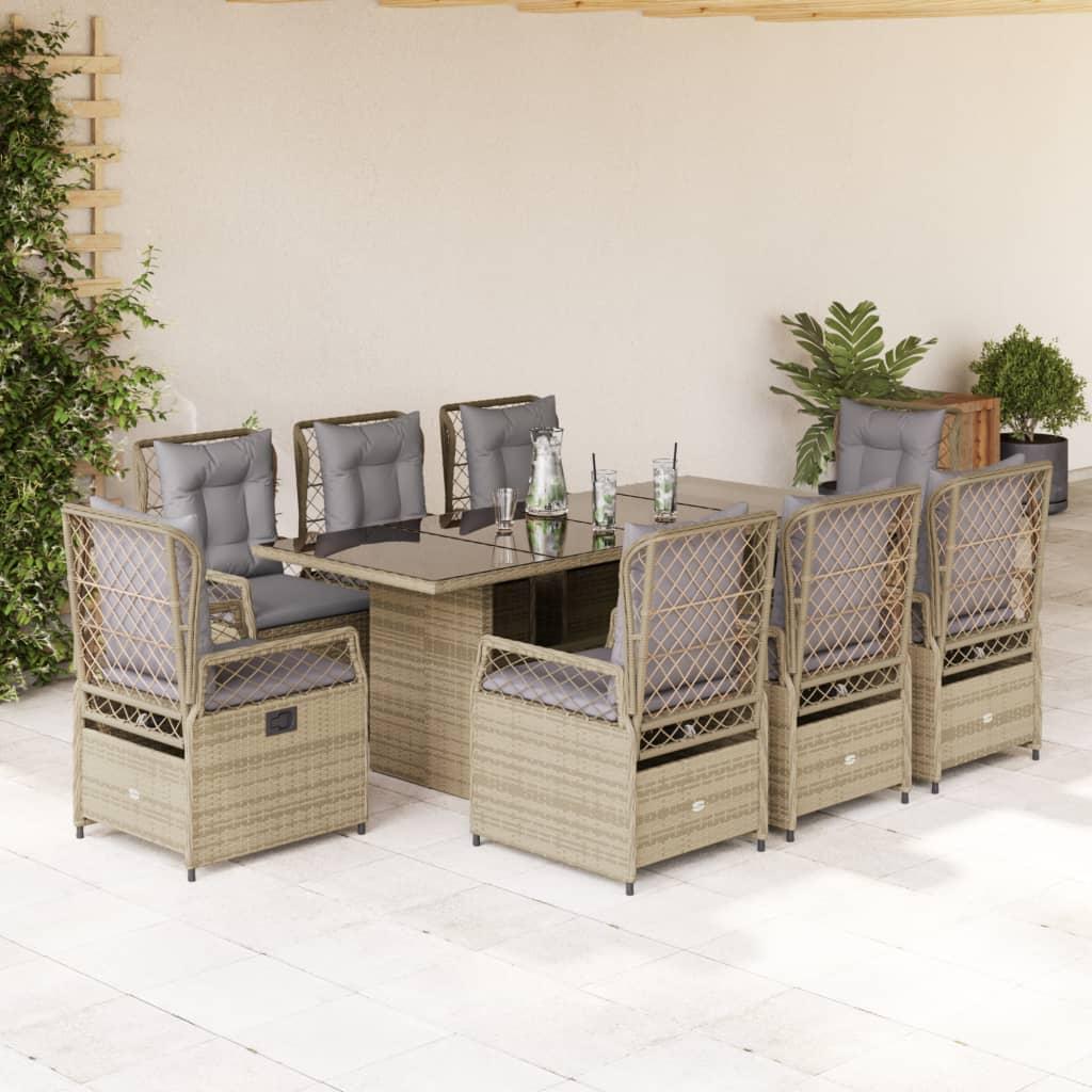 Spisebordssæt til haven 9 dele med hynder polyrattan beige