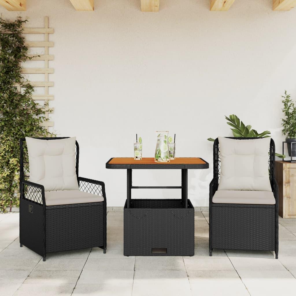 Spisebordssæt til haven 3 dele med hynder polyrattan sort
