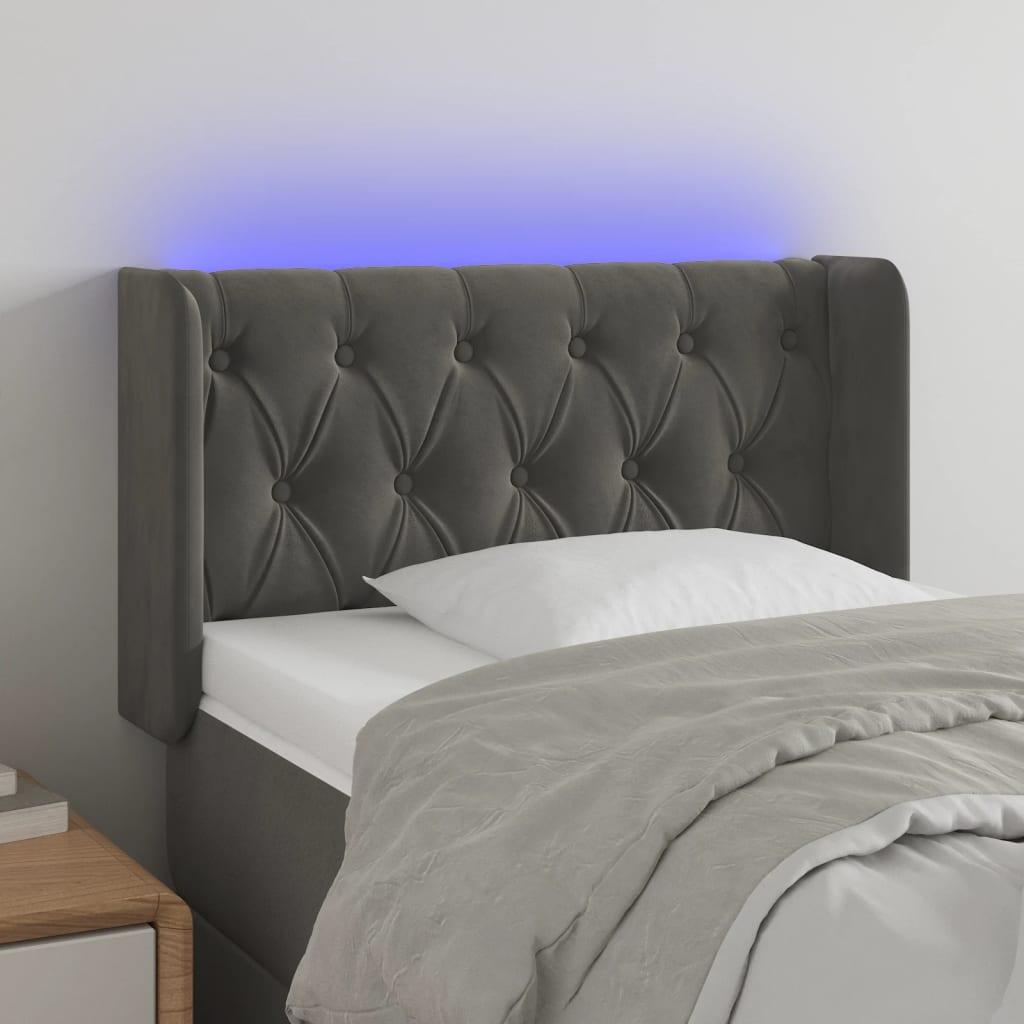 Sengegavl med LED-lys 83x16x78/88 cm fløjl mørkegrå billede