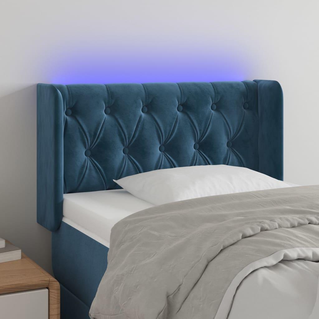 Sengegavl med LED-lys 83x16x78/88 cm stof Mørkeblå billede