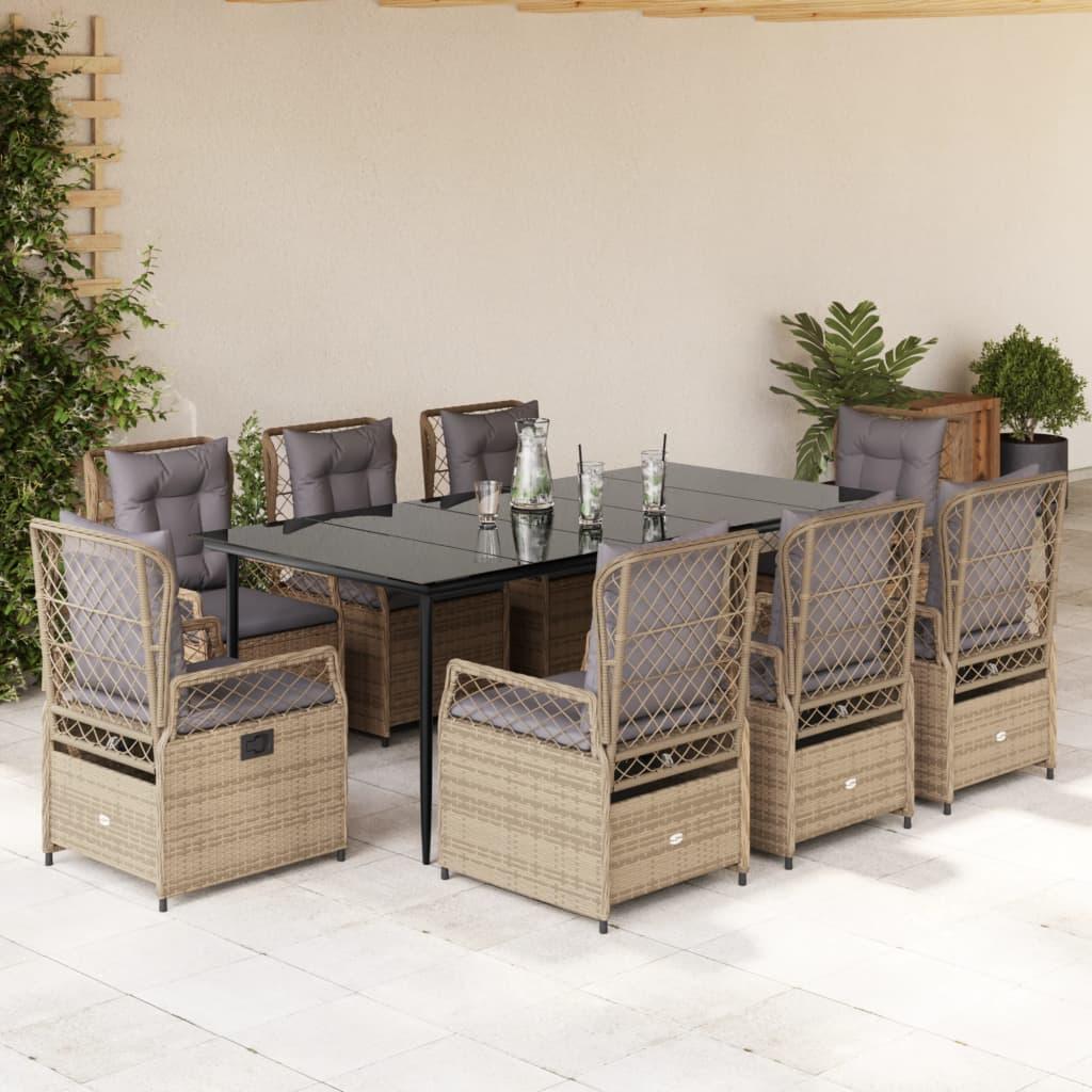 Spisebordssæt til haven 9 dele med hynder polyrattan beige