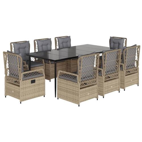 Spisebordssæt til haven 9 dele med hynder polyrattan beige