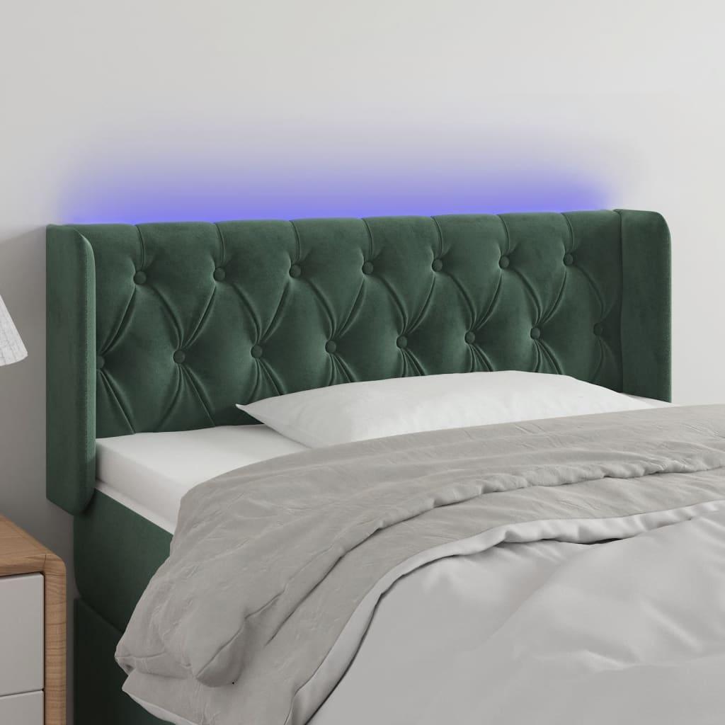 Sengegavl med LED-lys 93x16x78/88 cm fløjl Mørkegrøn billede