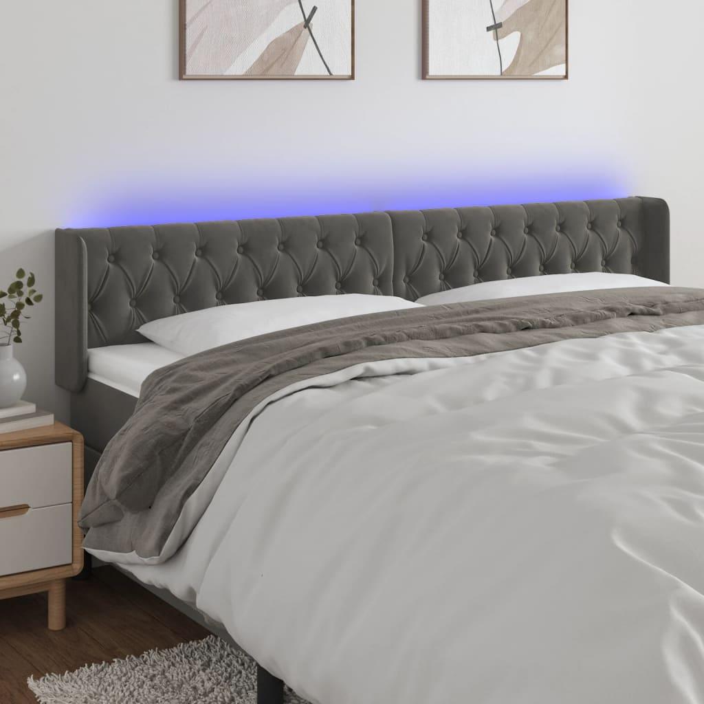 Sengegavl med LED-lys 183x16x78/88 cm fløjl mørkegrå billede