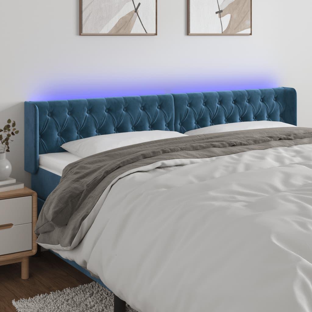 Sengegavl med LED-lys 183x16x78/88 cm fløjl mørkeblå