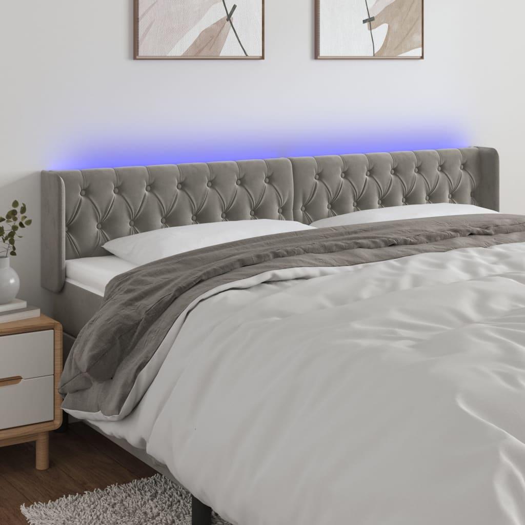 Sengegavl med LED-lys 203×16×78/88 cm - fløjl, lysegrå billede